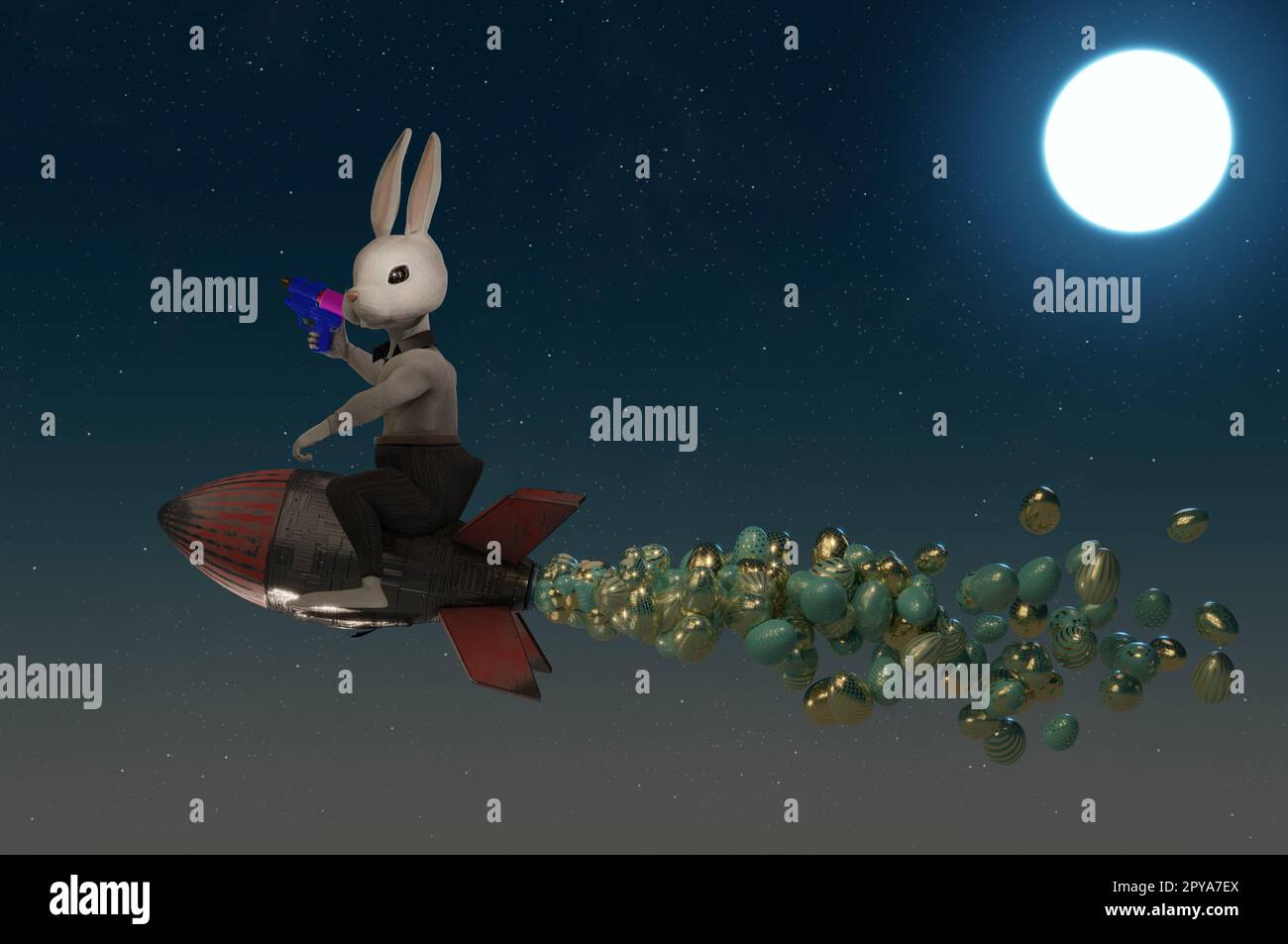 3D Illustration , Bunny Rocket Easter Design. Cute Rabbit flying to sky ...