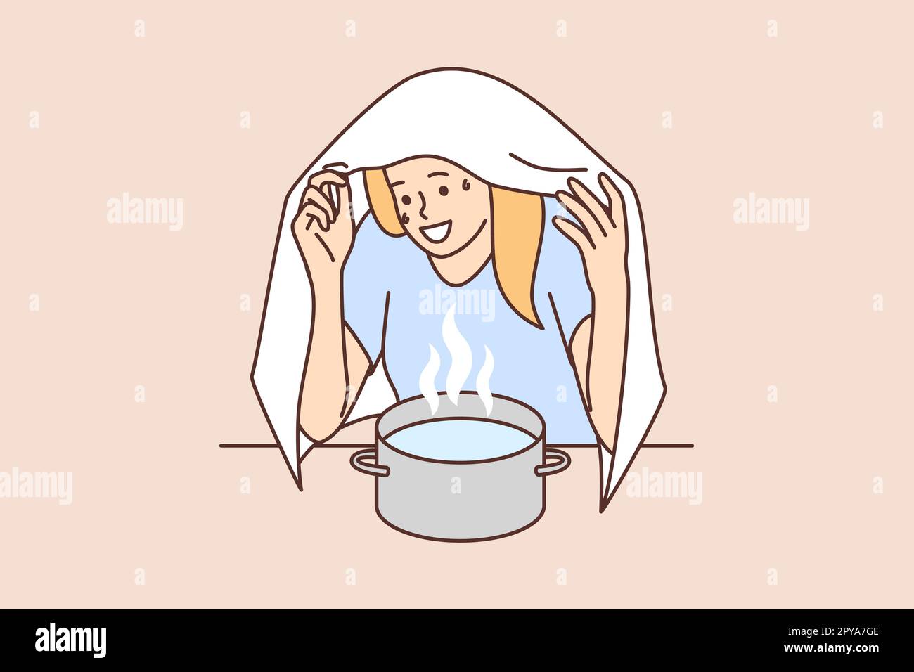 Woman sits over pot hot water covering head with towel to get rid of cold or runny nose. Girl is self-medicating by practicing ways to get rid of rheu Stock Photo