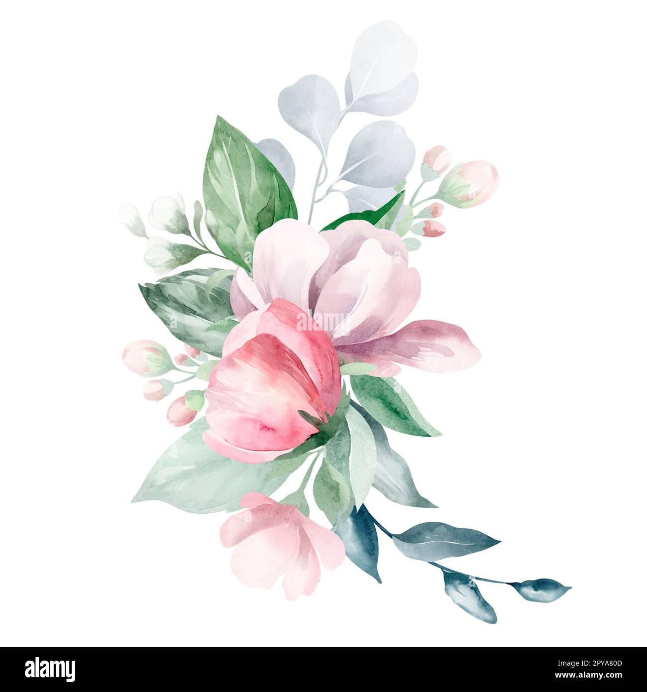 Set of illustrations of watercolor flower bouquet - pale pink, green, pink flower, green leaf leaves, branches of bouquets collection. Wedding station Stock Photo