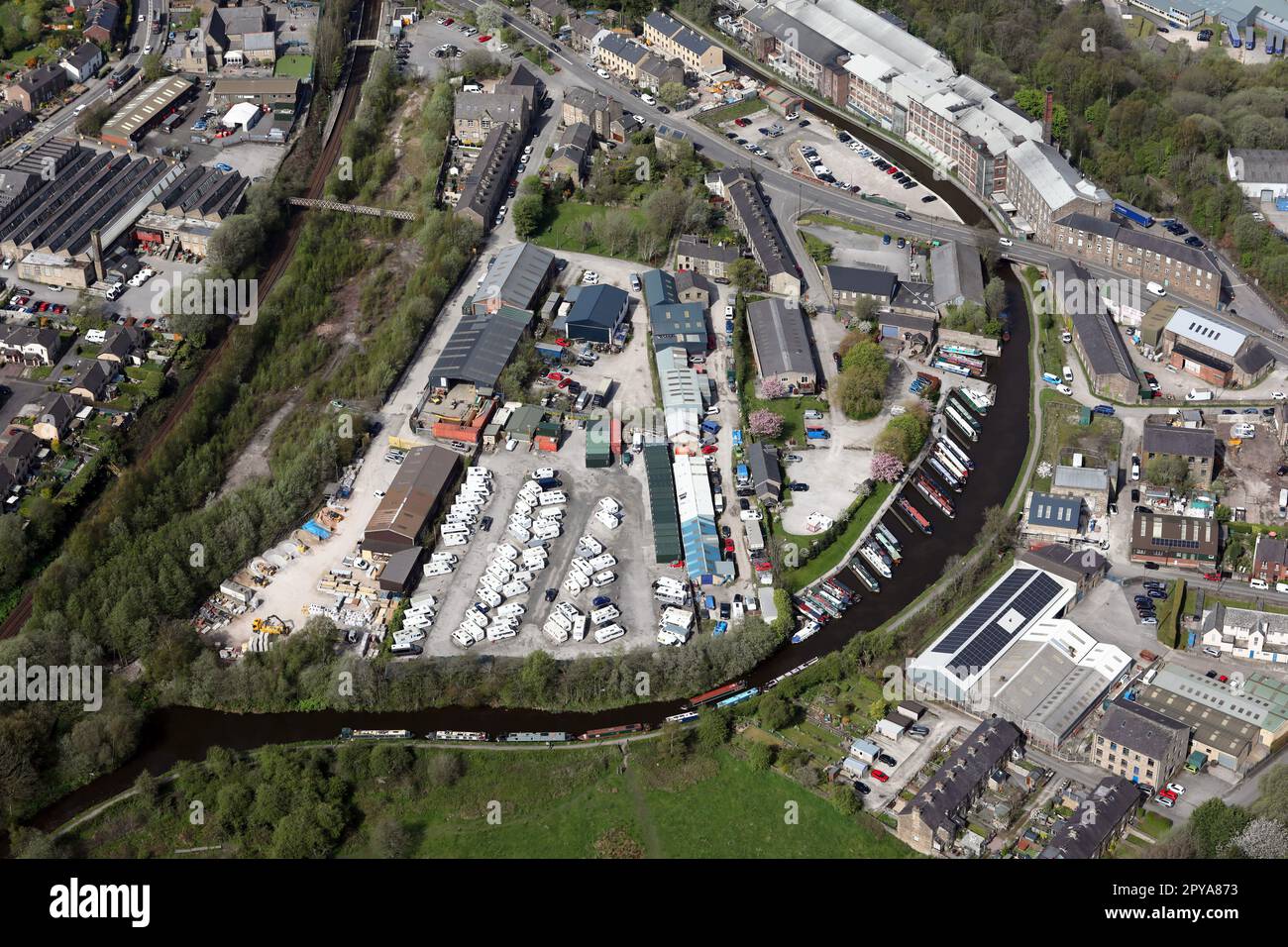 aerial view of New Mills Marina on the Peak Forest Canal at New Mills