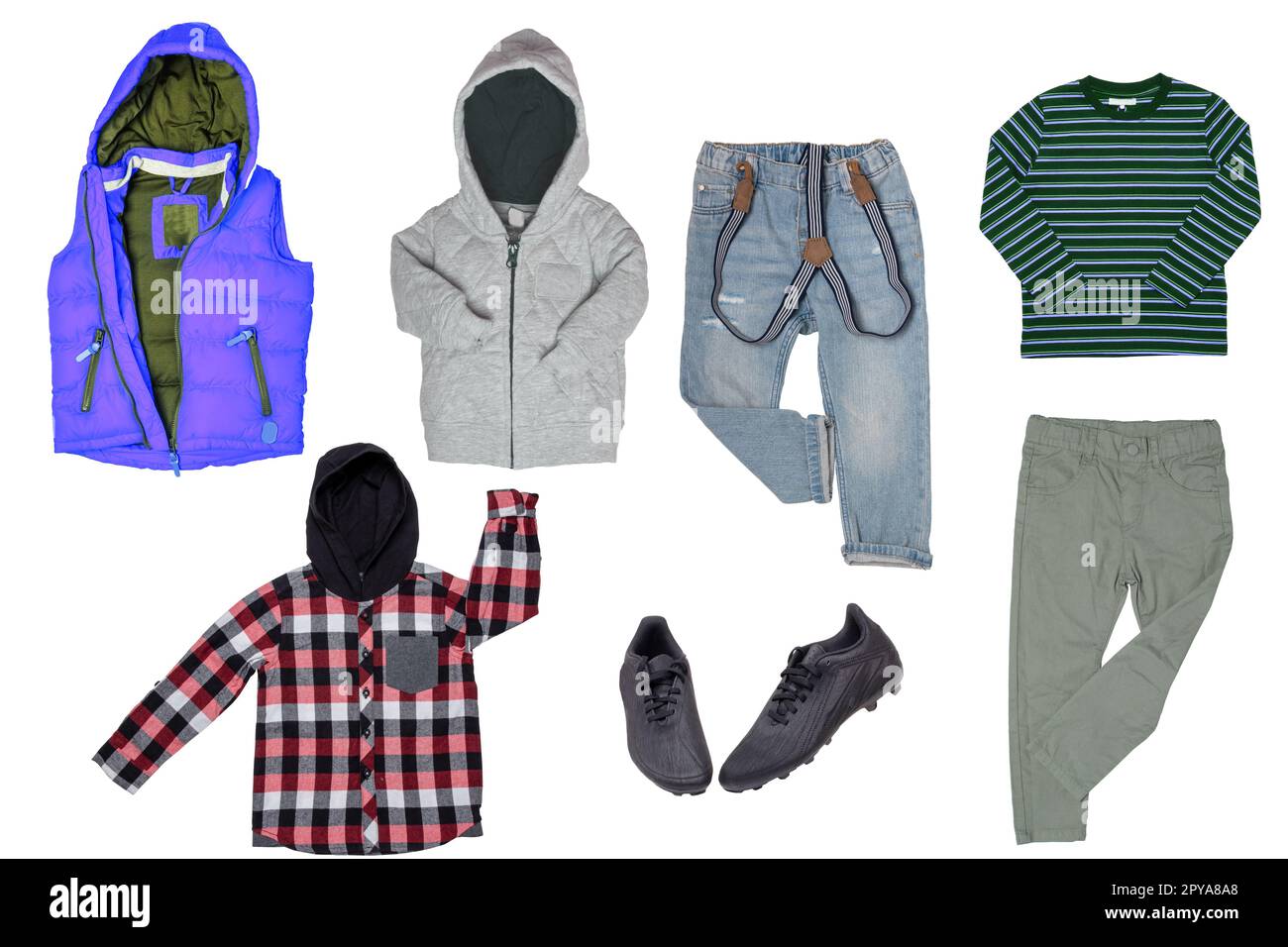 Collage set of boys spring winter clothes isolated. Male kids apparel collection. Child boy fashion clothing outfit. Colorful stylish jeans, sweater, pants, jackets, shoes wearing. Stock Photo