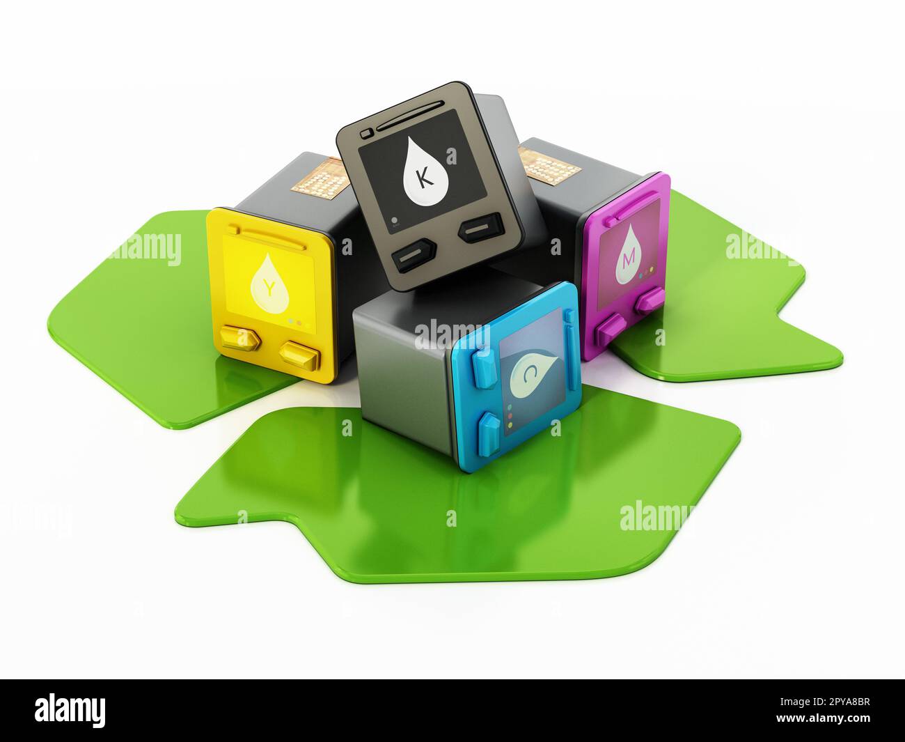 Inkjet printer spare cartridges in recycle symbol. 3D illustration