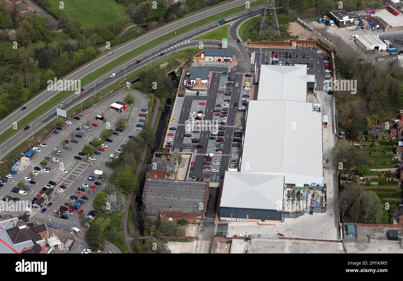 aerial view of Barracks Mill Retail Park, Macclesfield, Cheshire Stock