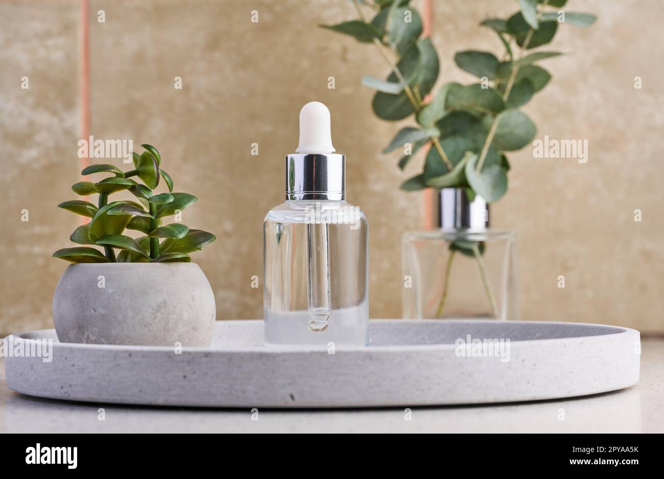 Clear glass dropper bottle with cosmetic product and eucalyptus branch Stock Photo
