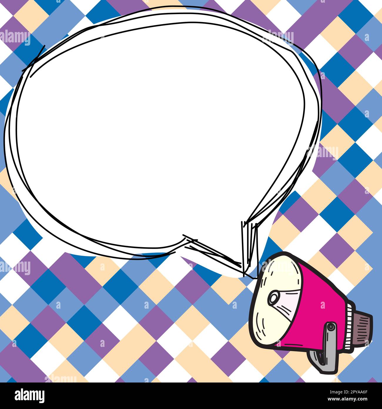 Megaphone presenting important information and brand new agenda. Big white speech bubble for text on bright colored background. Vector drawing illustration. Stock Photo
