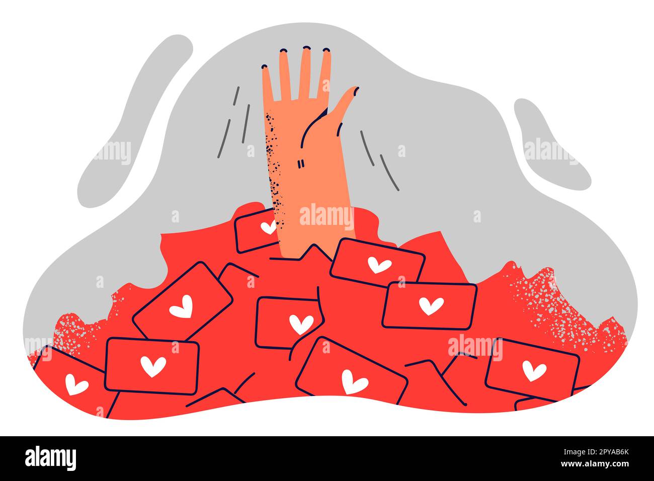 Hand of man drowning in likes symbolizing feedback in social networks for concept of addiction to Internet gadgets. Metaphor of cheating and black mar Stock Photo