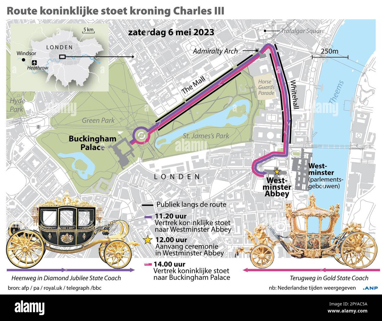 UPDATE route royal procession coronation Charles III. With location audience along the route and details timetable. ANP INFOGRAPHICS netherlands out - belgium out Stock Photo