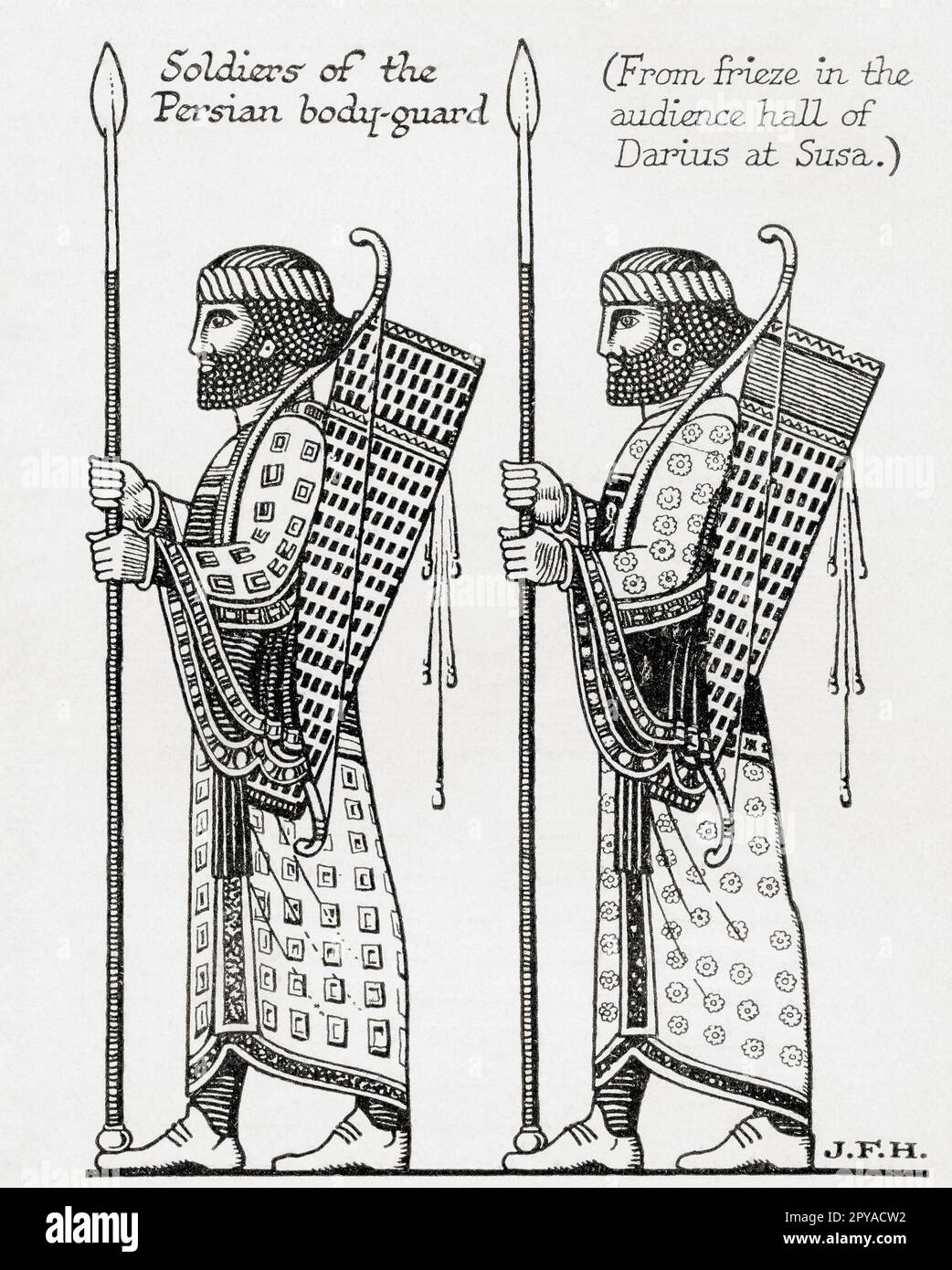 Soldiers of the Persian bodyguard.  From the frieze in the audience hall of Darius at Susa.  From the book Outline of History by H.G. Wells, published 1920. Stock Photo