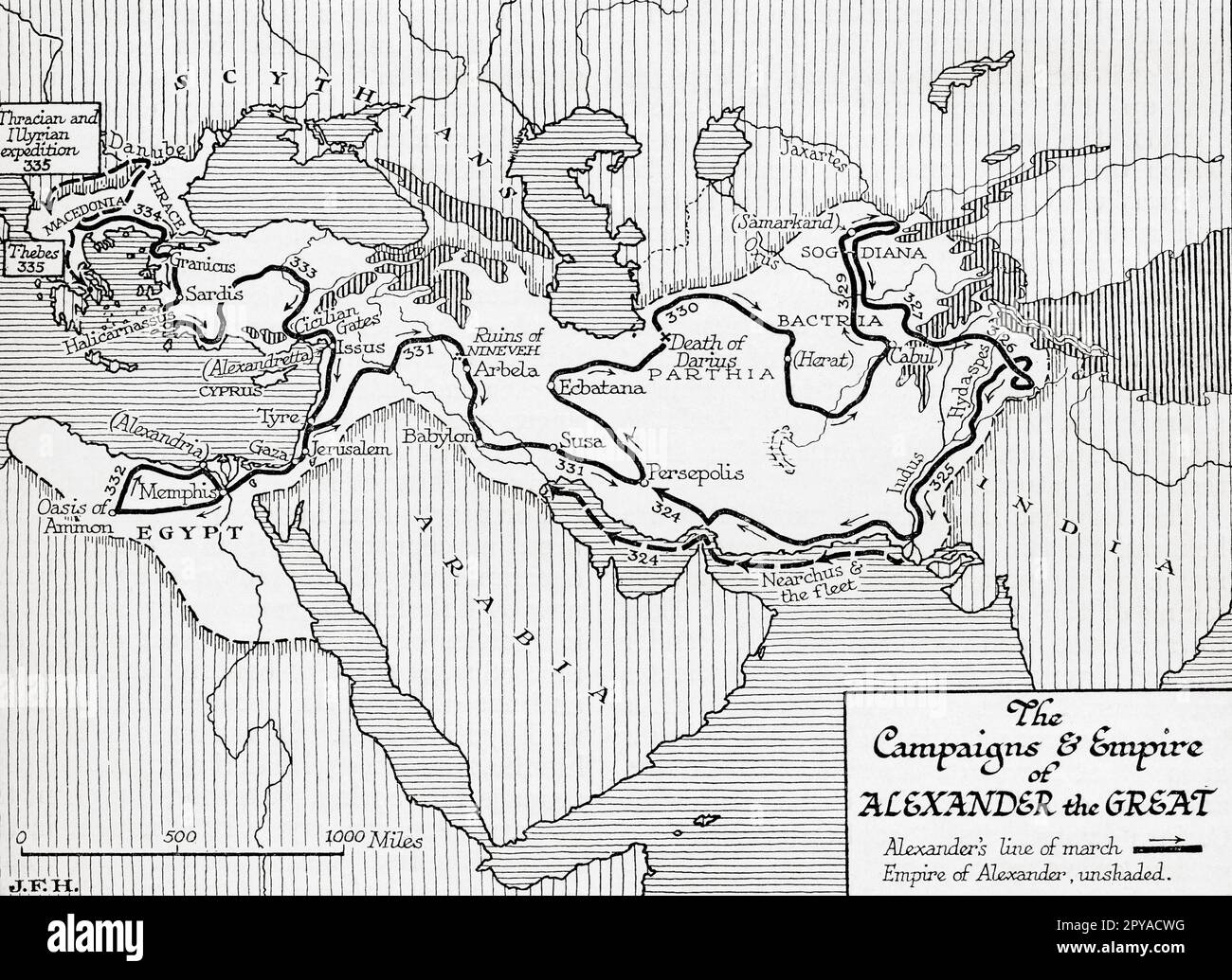 Map showing the campaigns and empire of Alexander the Great. Black line shows Alexander's line of march and unshaded area his empire.  From the book Outline of History by H.G. Wells, published 1920. Stock Photo
