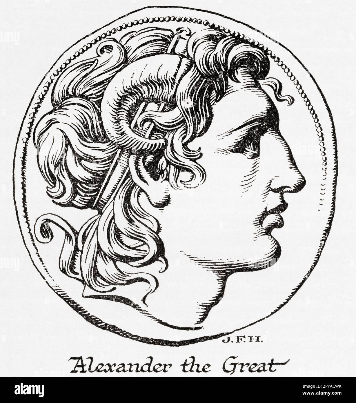 Alexander III of Macedon, aka Alexander the Great, 356 BC –  323 BC.  King of the ancient Greek kingdom of Macedon.  From the book Outline of History by H.G. Wells, published 1920. Stock Photo