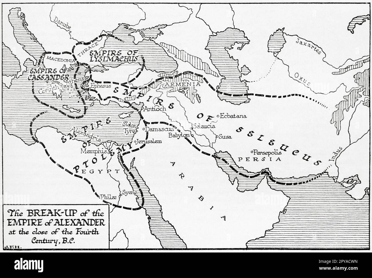 Map showing the break up of the empire of Alexander the Great at the close of the 4th century BC.  From the book Outline of History by H.G. Wells, published 1920. Stock Photo