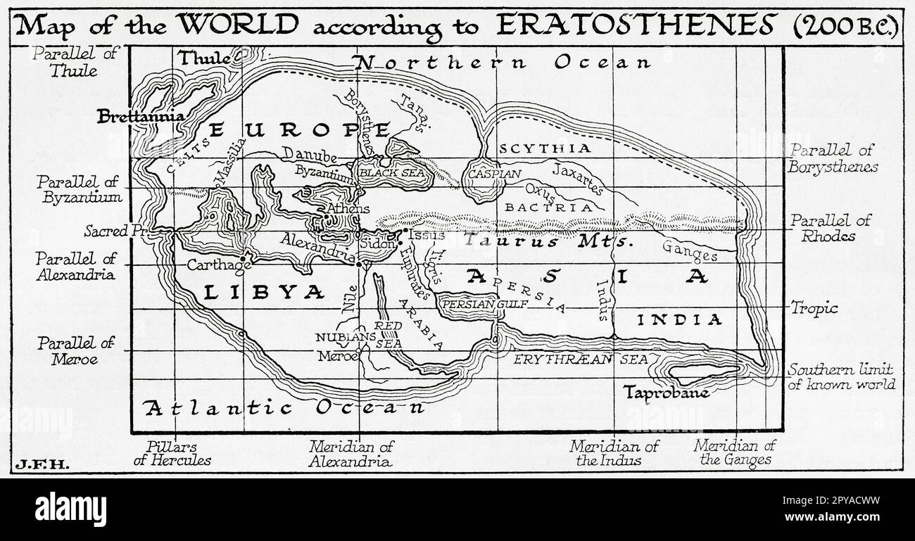 Map of the world according to Eratosthenes, 200 BC. From the book Outline of History by H.G. Wells, published 1920. Stock Photo