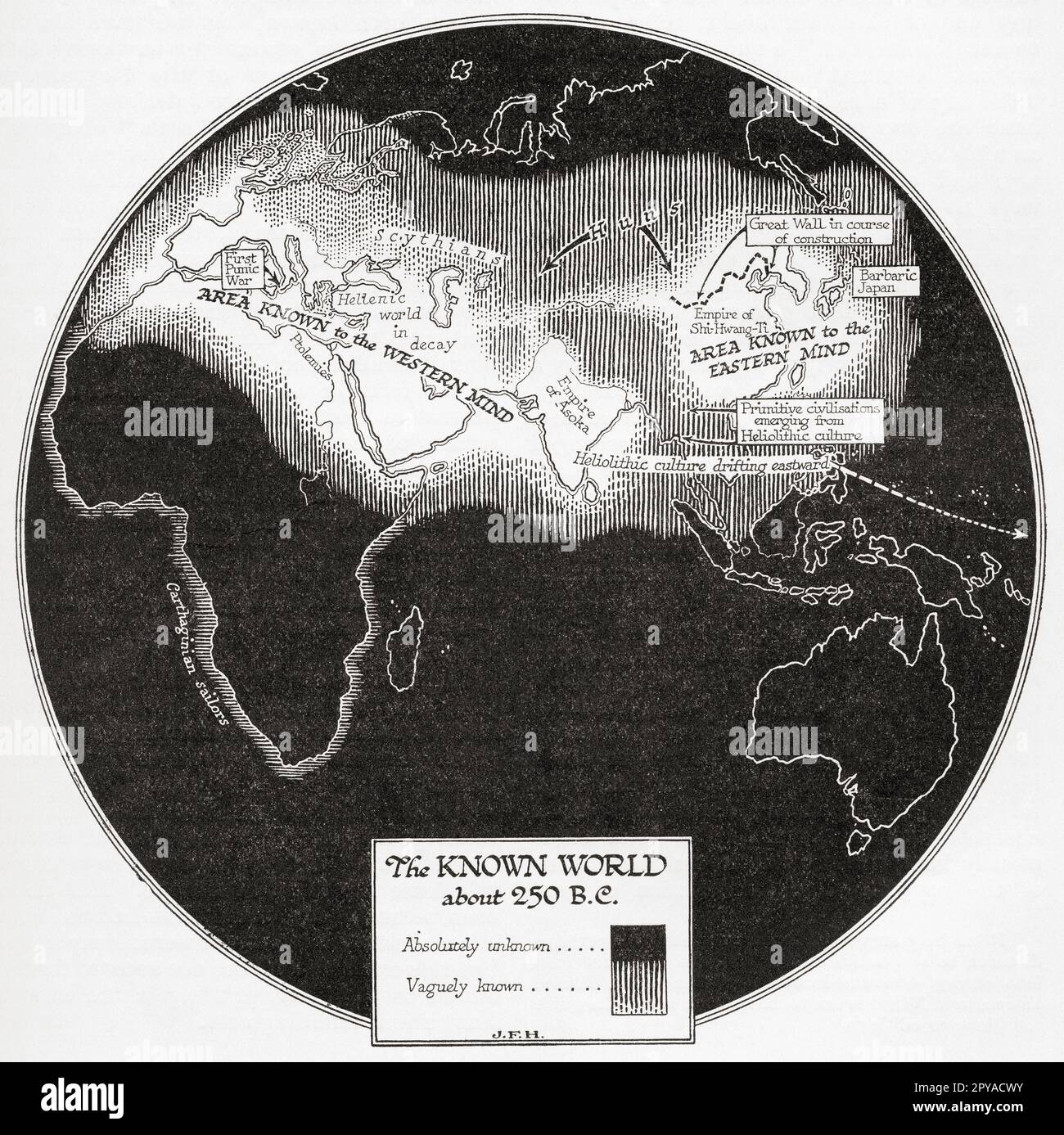 The known world c. 250 BC.  From the book Outline of History by H.G. Wells, published 1920. Stock Photo