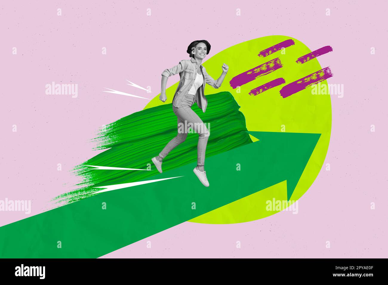 Banner poster collage of persistent young lady run fast for company ...