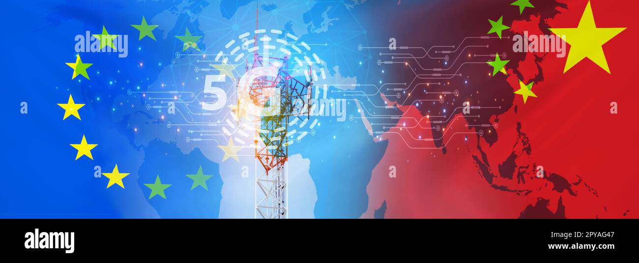 Chinese 5g technology in the EU concept. Telecommunication tower for 5g network. Europe and china flag. Communication technology. Mobile or telecom 5g network. Network connection business. 5g service. Stock Photo