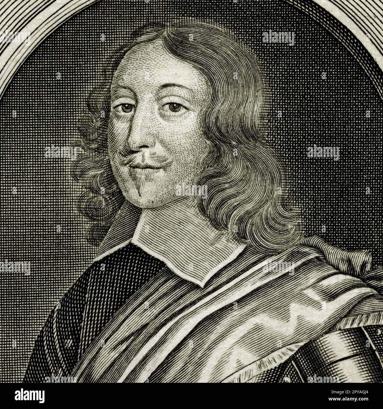 Nathaniel Fiennes (1608 - 1669), Member of the English Parliament for Banbury in Oxfordshire and a Puritan who fought for Parliament in the English Civil War.  He was condemned to death in 1643 for surrendering Bristol to the King's nephew, Prince Rupert, but exonerated by Oliver Cromwell and other Parliamentary generals.  Square detail of engraving created in the 1700s by Flemish engraver, Michael van der Gucht (1660-1725). Stock Photo