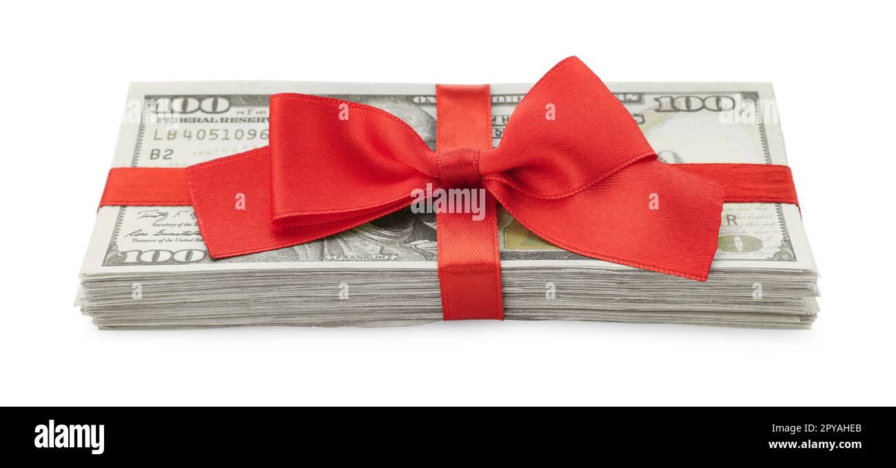 Stack of dollar banknotes with red ribbon isolated on white Stock Photo ...