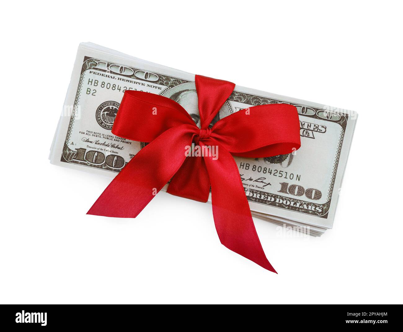 Stack of dollar banknotes with red ribbon isolated on white, top view ...
