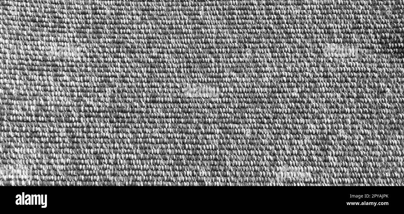 Woven coarse cotton fabric. Close-up. Black and white photography. Banner. Weaving thick threads. Smooth neat texture for the background. Stock Photo