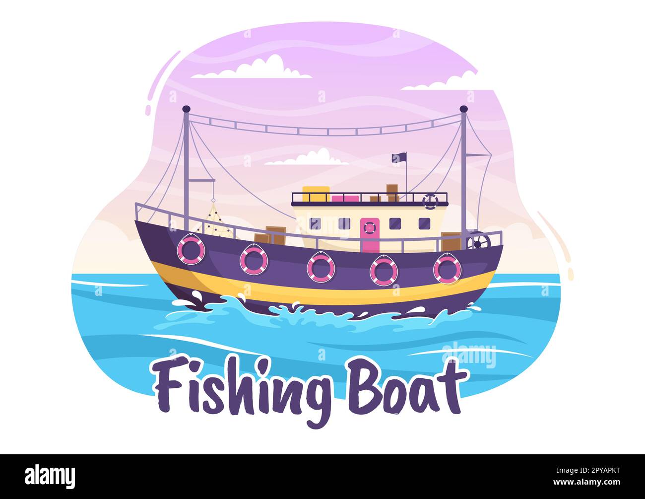 Fishing Boat Illustration with Fishermen Hunting Fish Using Ship for Web Banner or Landing Page in Flat Cartoon Hand Drawn Vector Templates Stock Photo