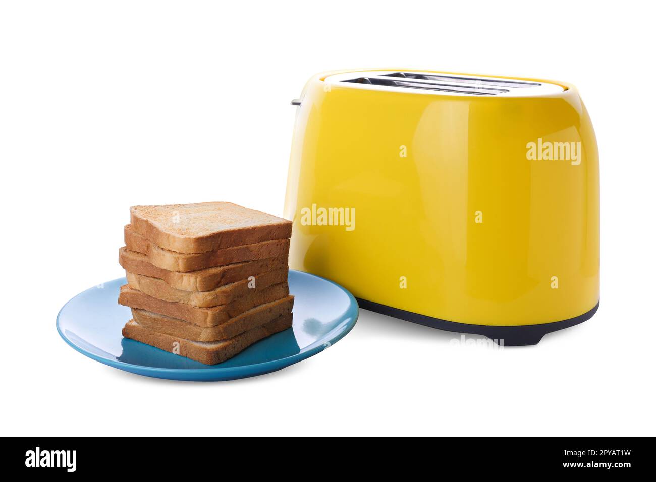 Yellow toaster with roasted bread slices on white background Stock