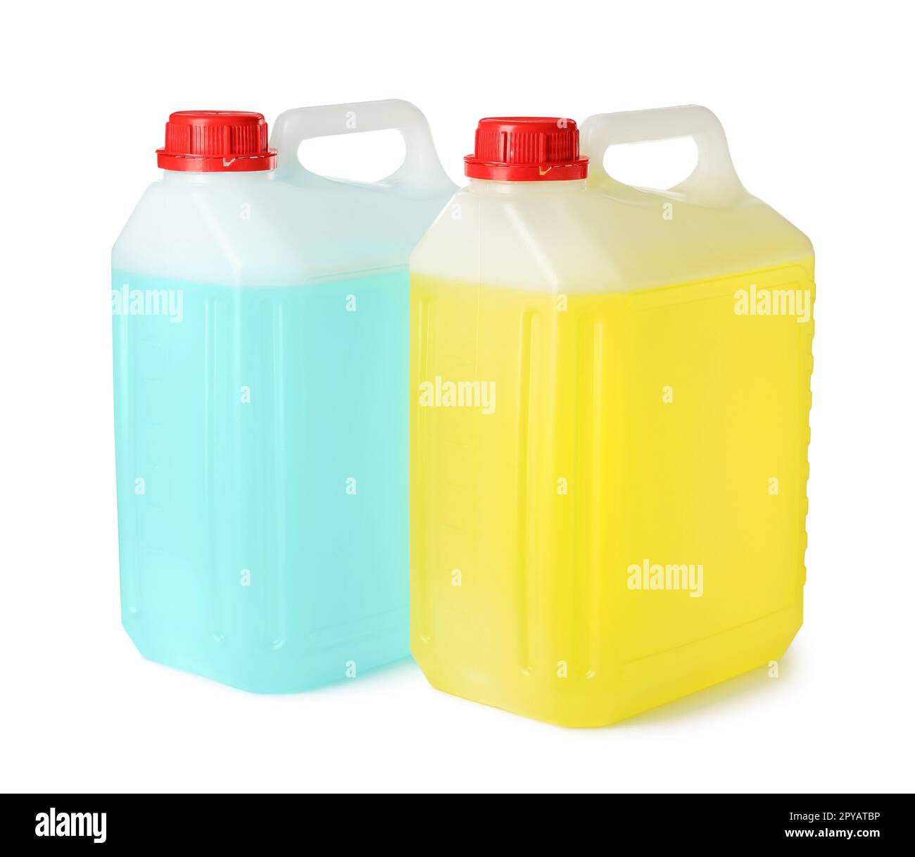 Plastic canisters with liquids on white background Stock Photo