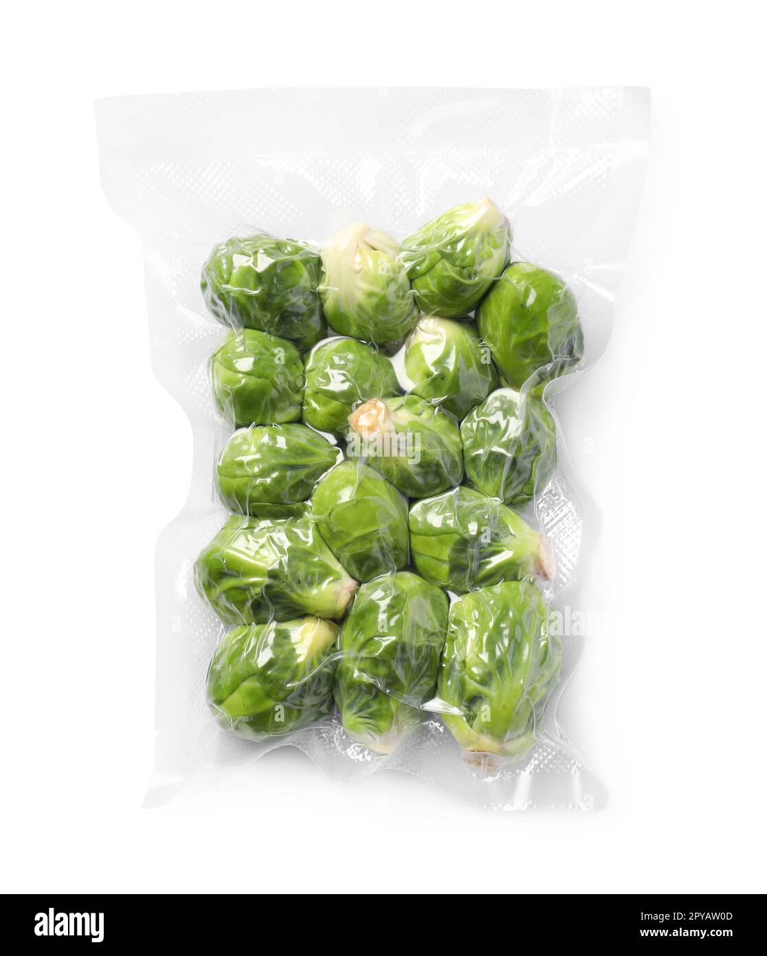 Vacuum pack of Brussels sprouts isolated on white, top view Stock Photo
