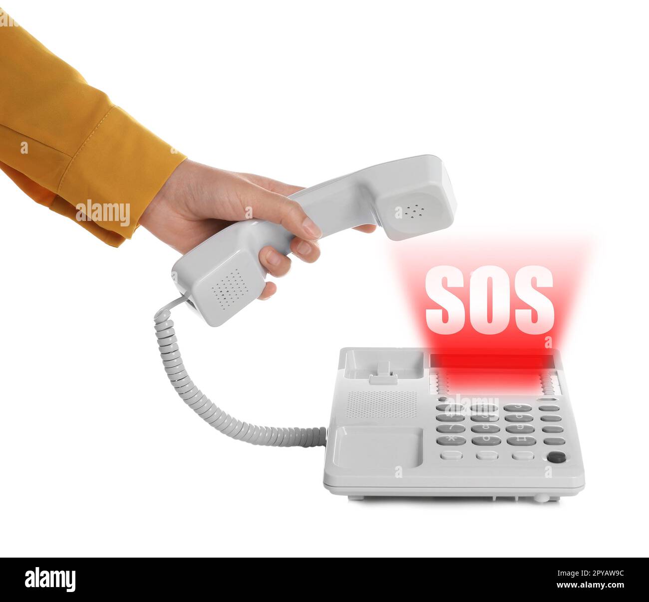Woman picking up telephone on white background. Emergency SOS call Stock Photo