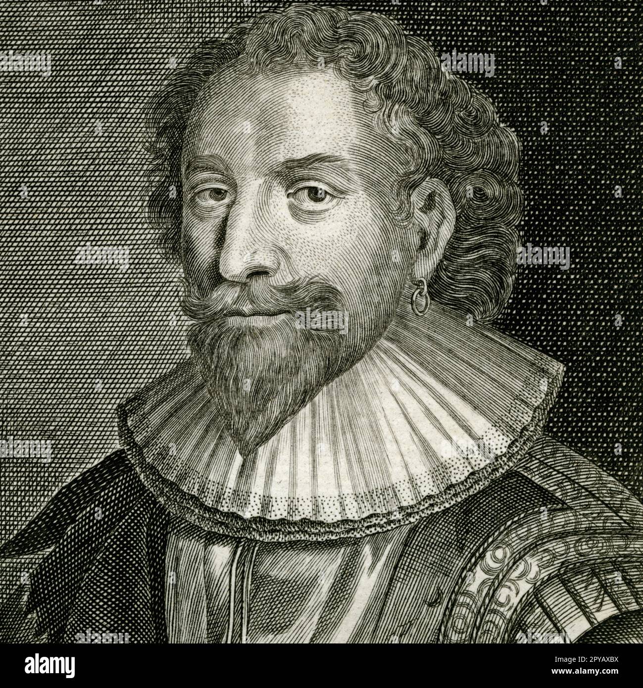 William Herbert, 3rd Earl of Pembroke (1580-1630), founder of Pembroke College, Oxford, and patron of the arts. Square detail of engraving created in the 1700s by George Vertue (1683-1756), after a portrait by Daniel Mytens (1590-1647), which was in turn based on a painting by Sir Anthony van Dyck (1599-1641) Stock Photo