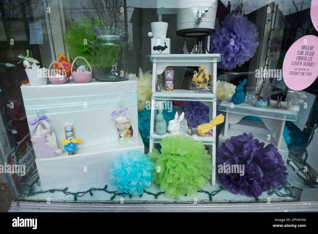 store front window display along Roncesvalles (Toronto, Canada) - chocolate seller, Easter season Stock Photo