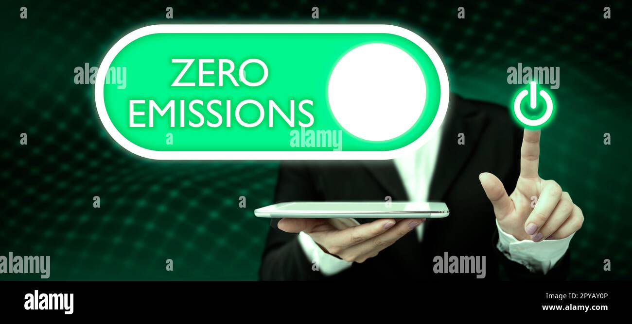 Hand writing sign Zero Emissions. Word Written on emits no waste products that pollute the environment Stock Photo