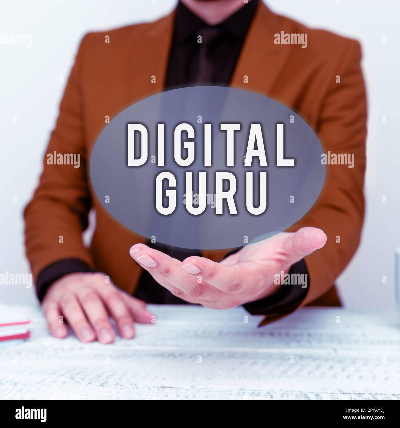 Conceptual caption Digital Guru. Concept meaning teacher and