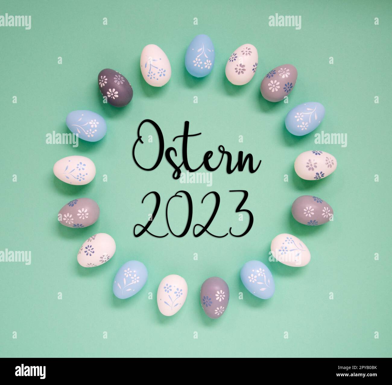 Easter Egg Decoration, Flat Lay, Ostern 2023 Means Easter 2023 Stock Photo