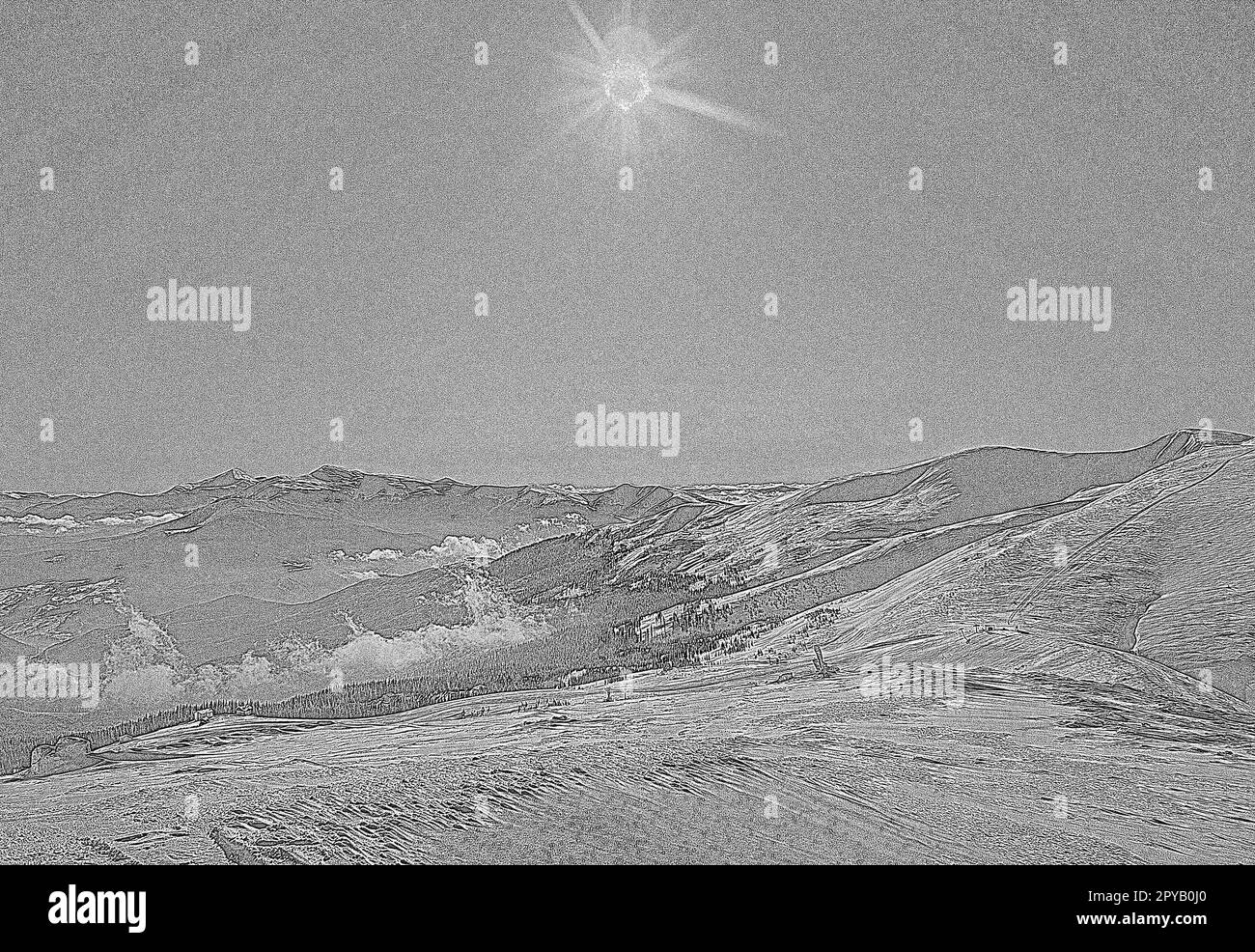 Bright sun above snowy mountain slopes, clouds engraving hand drawn sketch Stock Photo