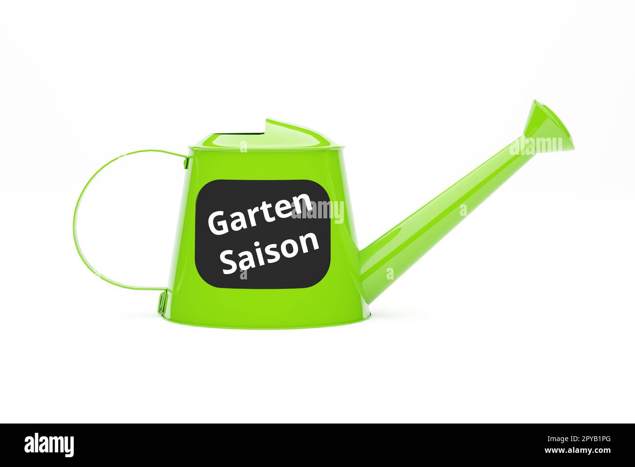 Green metal watering can with the German words Gardening season Stock