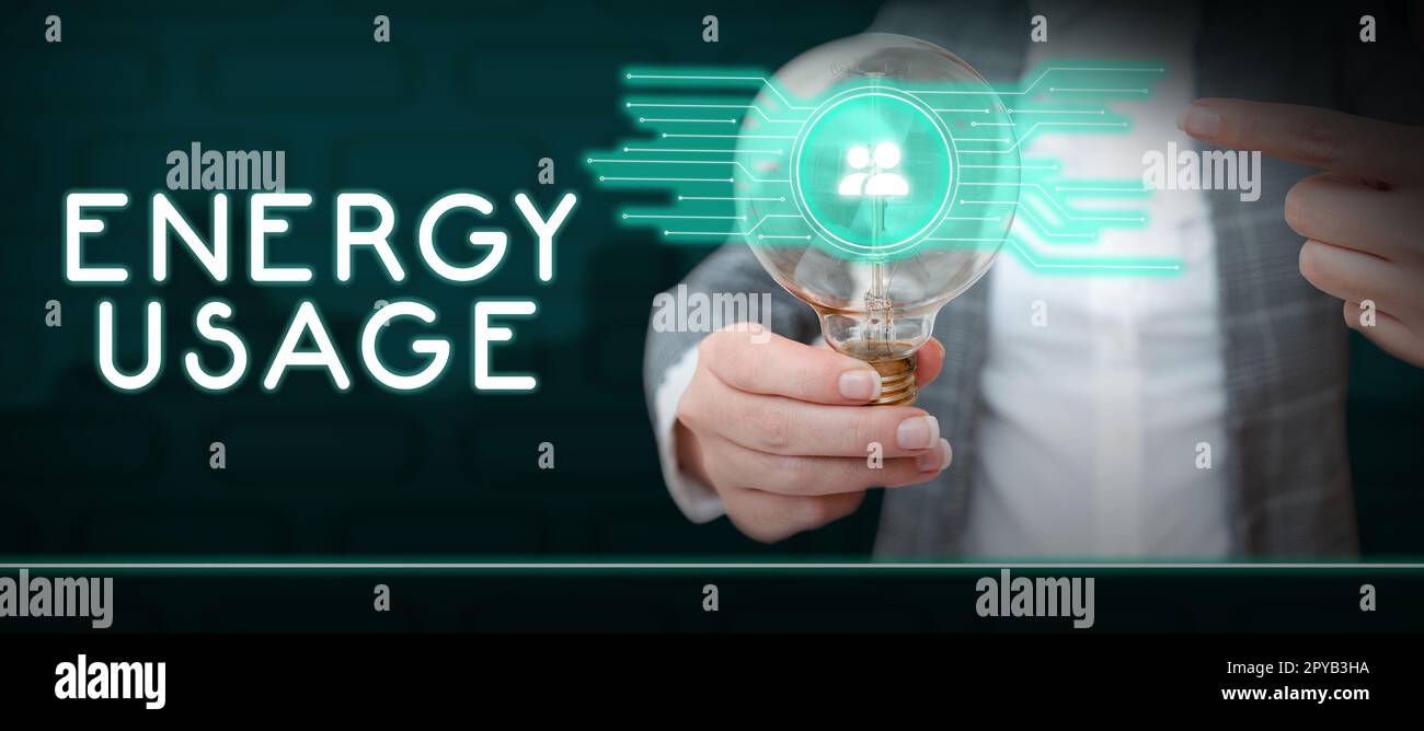 Conceptual caption Energy Usage. Business overview Amount of energy consumed or used in a process or system Stock Photo