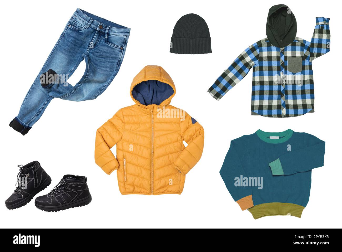 Collage set of boys spring winter clothes isolated. Male kids apparel collection. Child boy fashion clothing outfit. Colorful stylish jeans, sweater, pants, jackets, boots wearing. Stock Photo