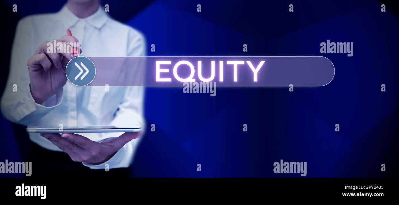 Text caption presenting Equity. Business showcase quality of being fair and impartial race free One hand Unity Stock Photo