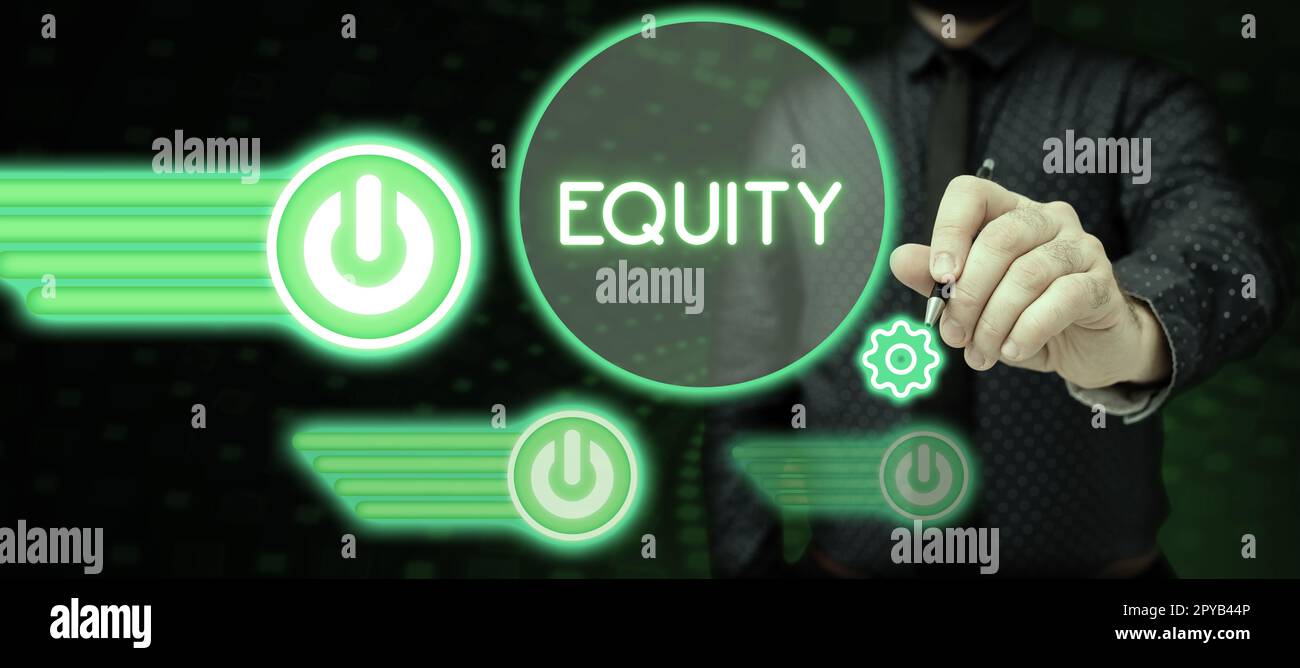 Hand writing sign Equity. Conceptual photo quality of being fair and impartial race free One hand Unity Stock Photo