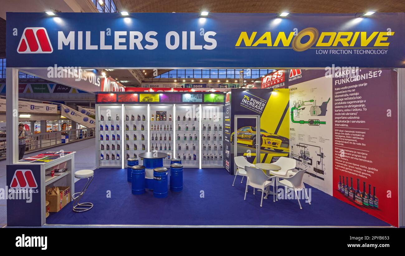 Belgrade, Serbia - March 22, 2023: Millers Oils Nano Drive Automotive Lubricants Expo Booth at Car Show. Stock Photo