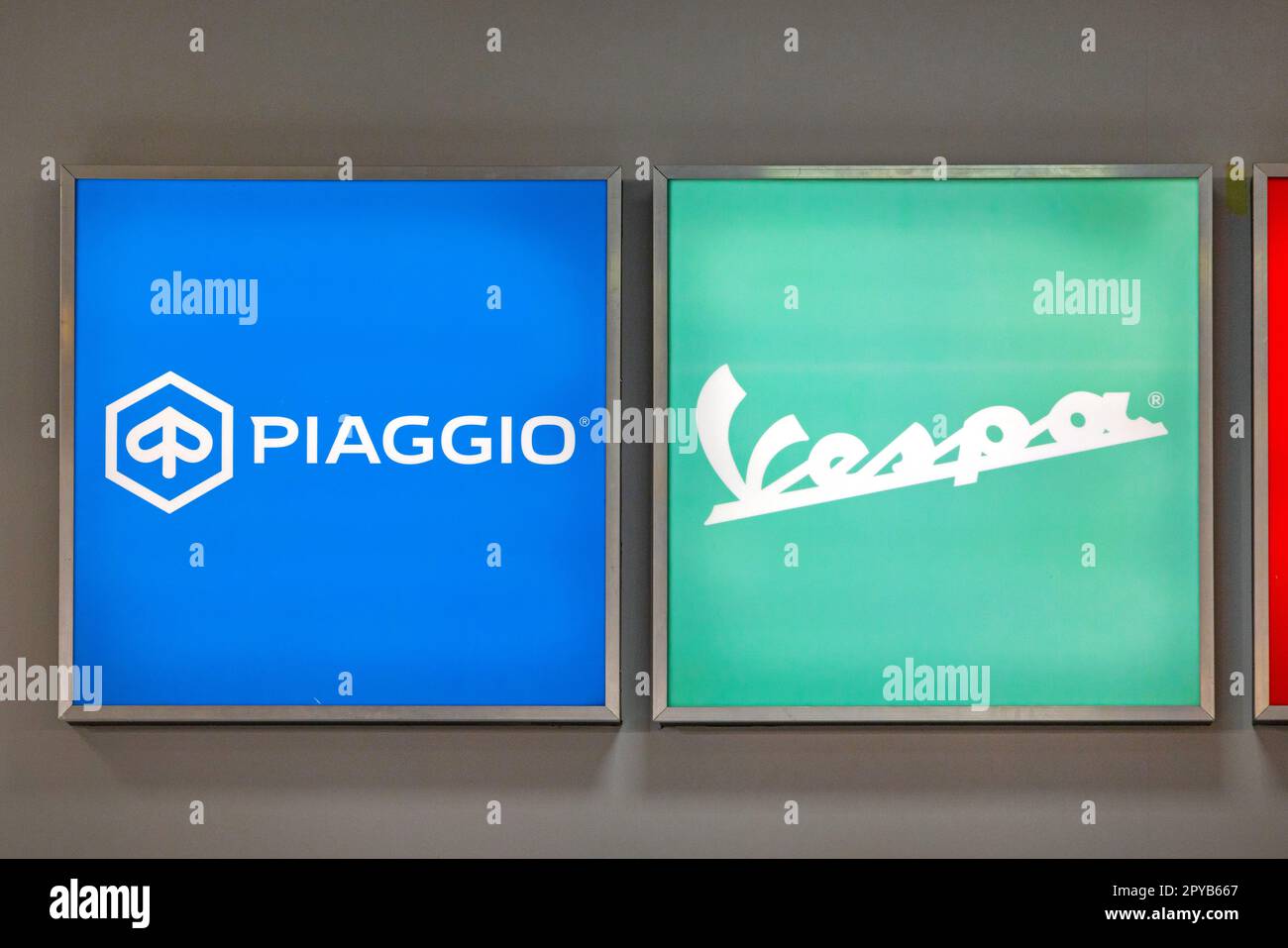 Belgrade, Serbia - March 22, 2023: Italian Motorcycles Scooters Piaggio Vespa Logo Signs at International Moto Passion Show. Stock Photo