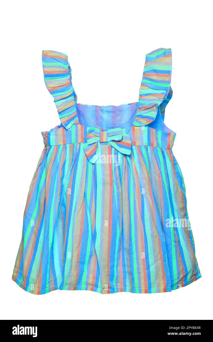 Summer dress isolated. Closeup of a colorful striped sleeveless baby girl dress isolated on a white background. Children spring fashion. Clipping path. Front view. Stock Photo