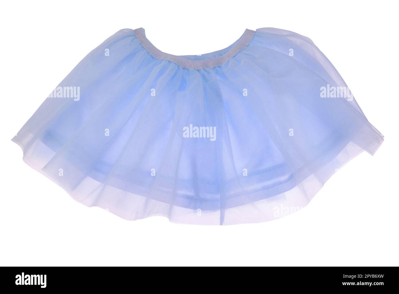 Blue skirt isolated. Beautiful delicate transparent pink silk summer skirt for girl. Clipping path. Ballerina kids clothing. Children clothes. Concept childs fashion. Stock Photo
