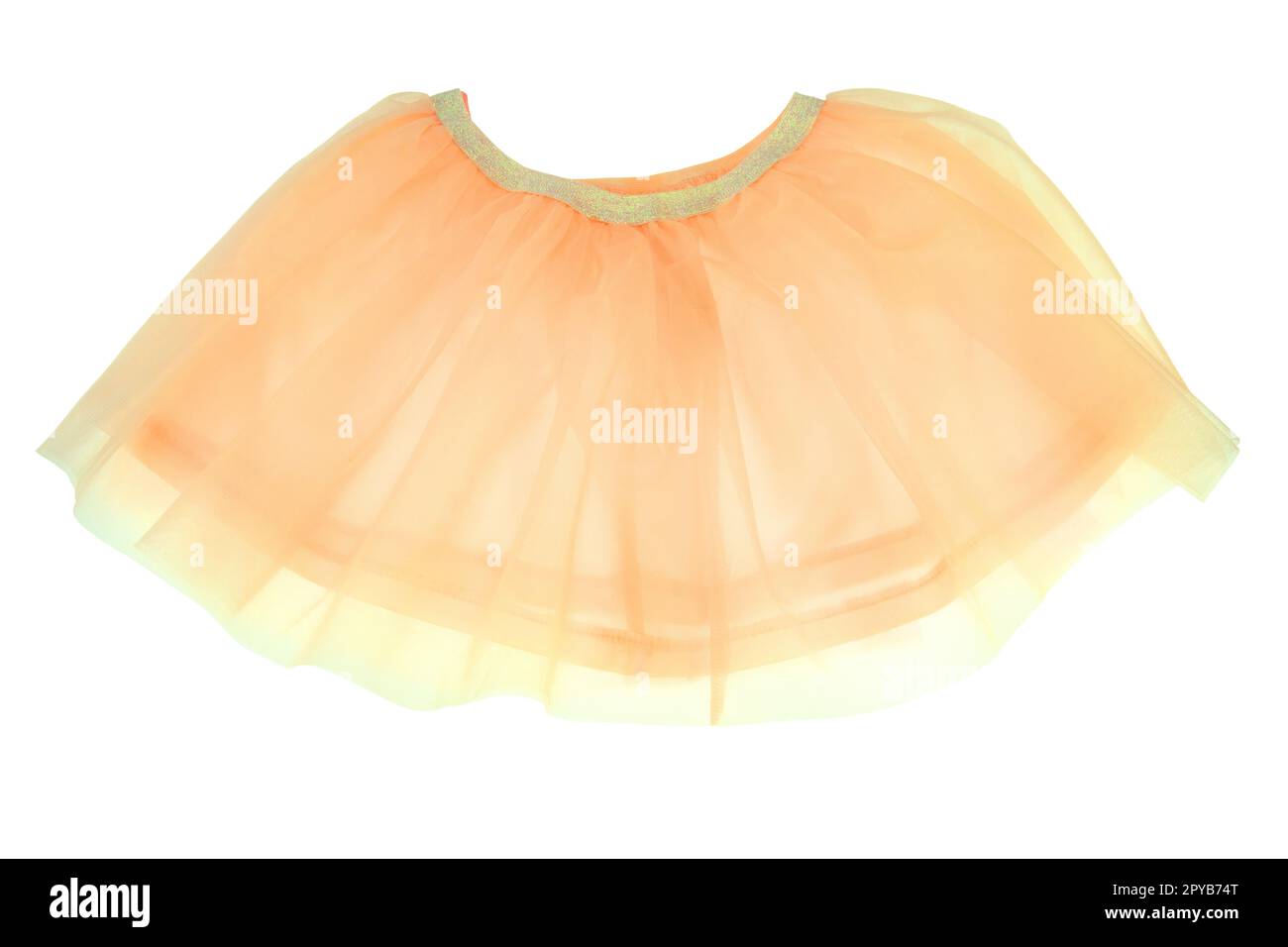 Yellow skirt isolated. Beautiful delicate transparent yellow silk summer skirt for girl. Clipping path. Ballerina kids clothing. Children clothes. Concept childs fashion. Stock Photo