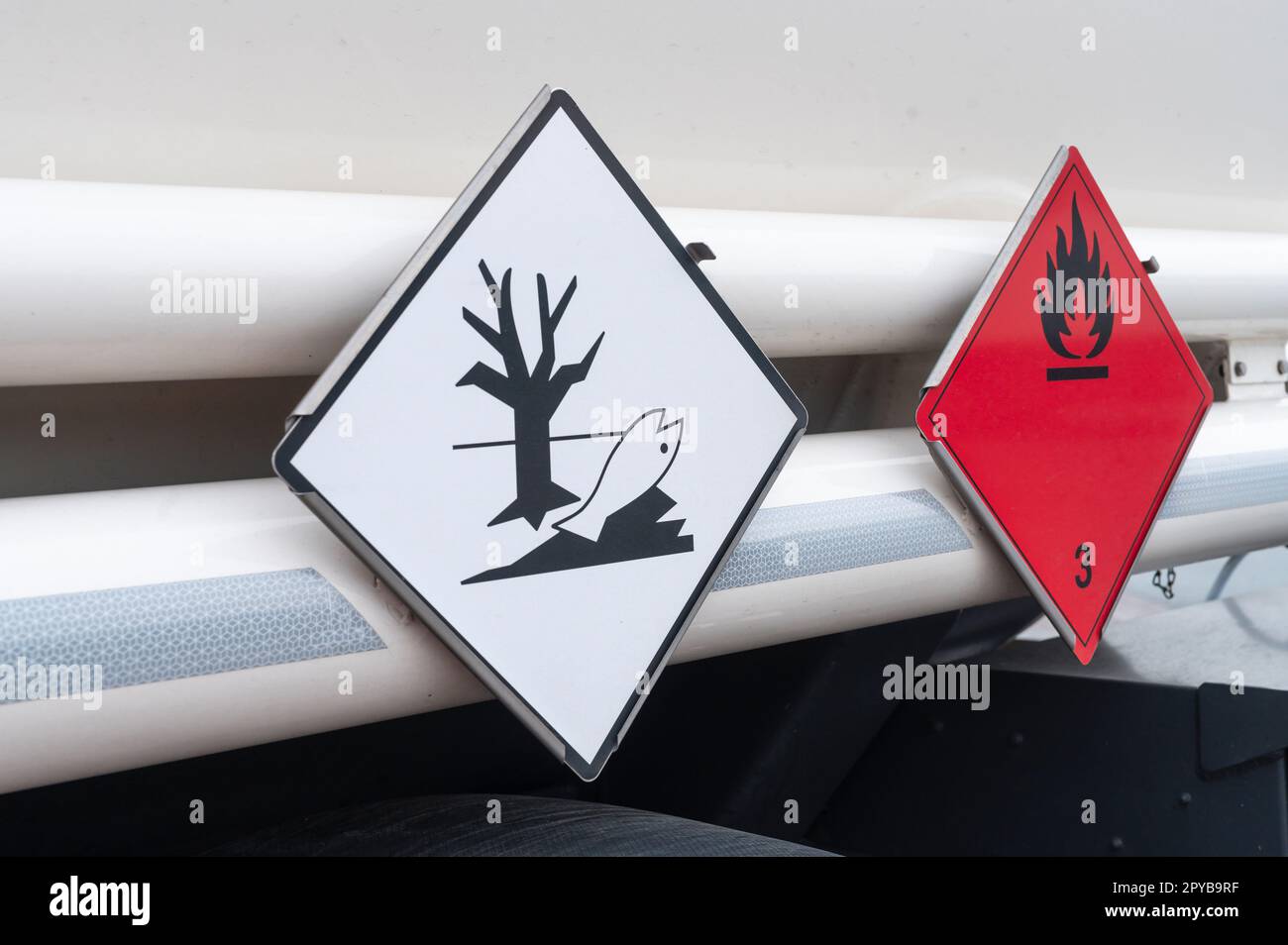 Signs for the dangerous goods classes , here for environmentally hazardous and flammable liquid substances Stock Photo
