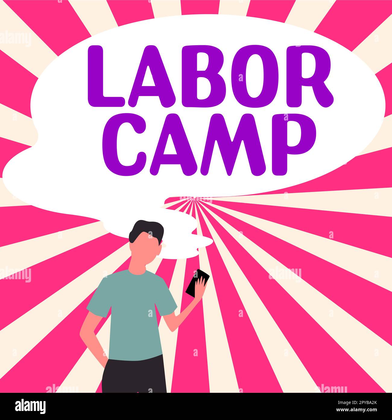 Text caption presenting Labor Camp. Word for a penal colony where forced labor is performed Stock Photo