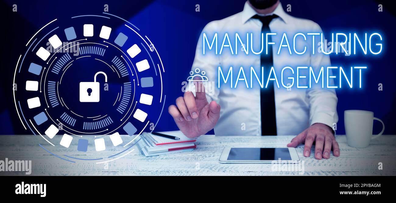 Writing displaying text Manufacturing Management. Concept meaning methods used to define how