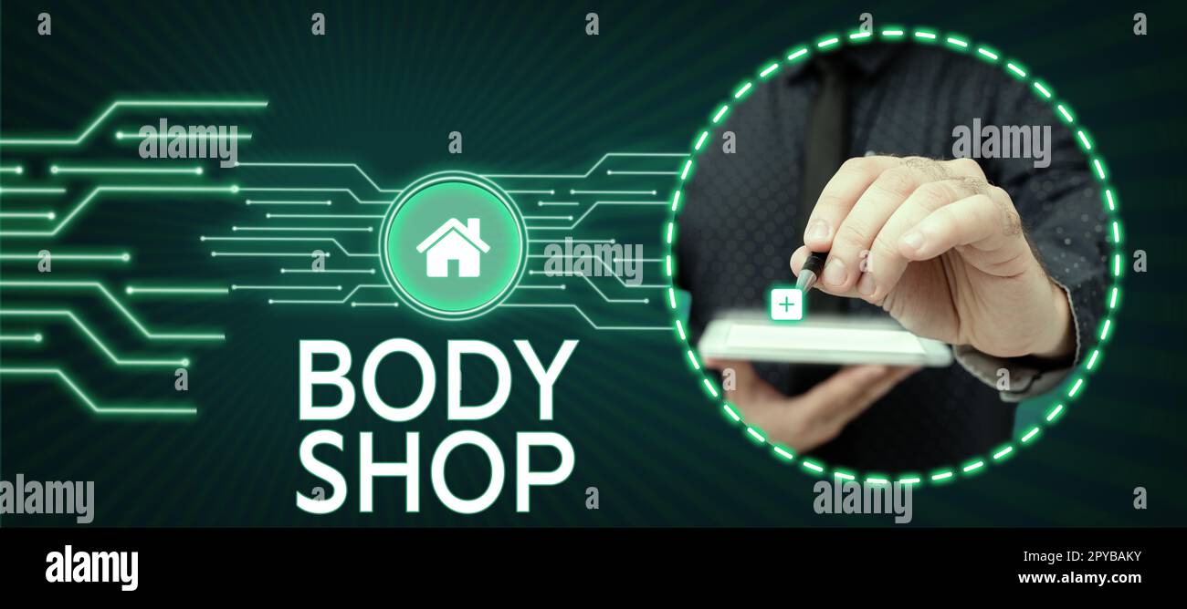 Text showing inspiration Body Shop. Conceptual photo a shop where automotive bodies are made or repaired Stock Photo