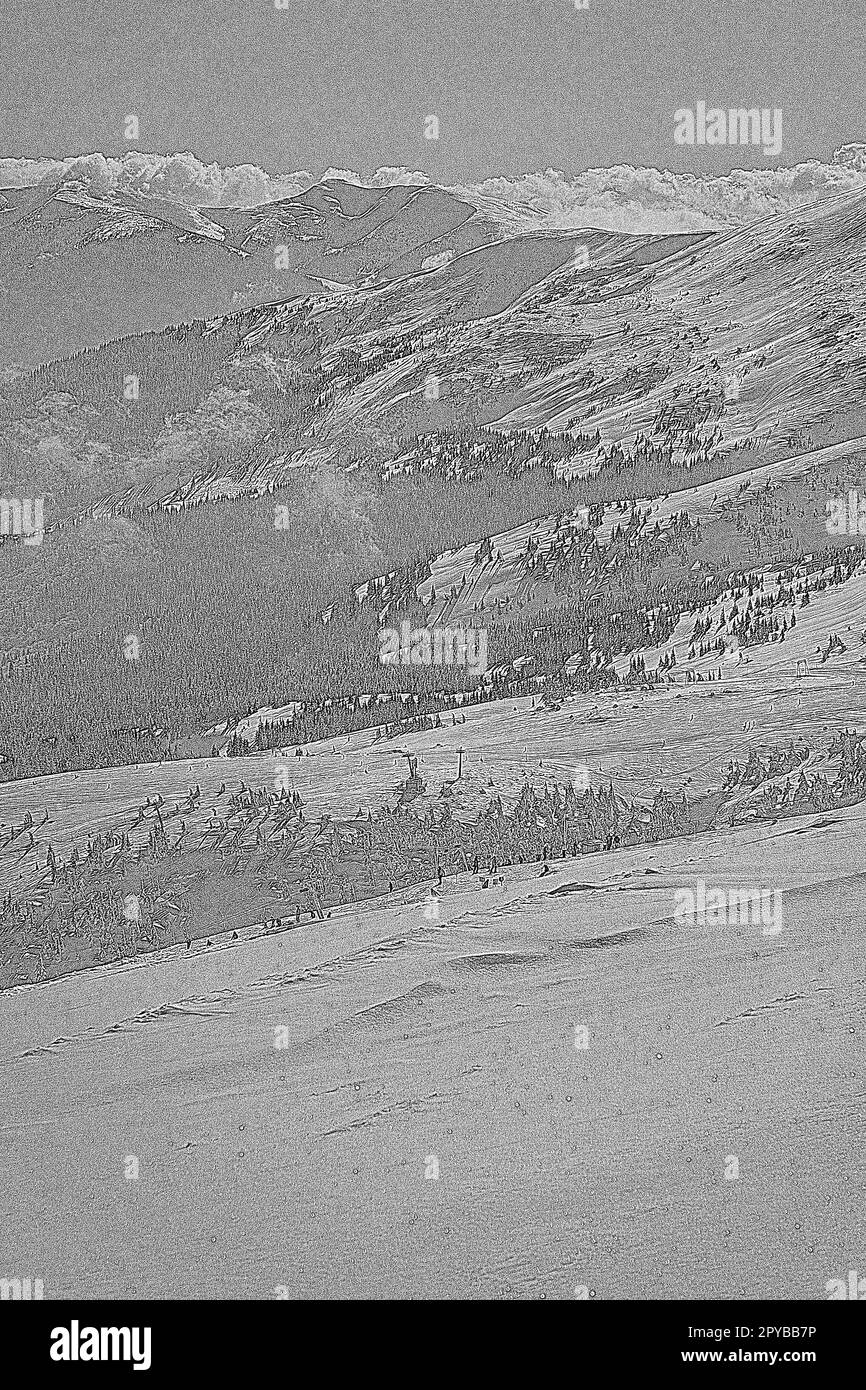 Ski slopes in Carpathian Dragobrat gray rough engraving hand drawn ...