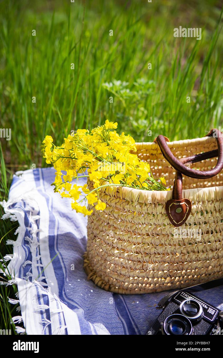 A straw picnic basket stands on a blue blanket on green grass along with a bouquet of yellow flowers. In the background is an old camera with the name Lover 166 written on it. Stock Photo